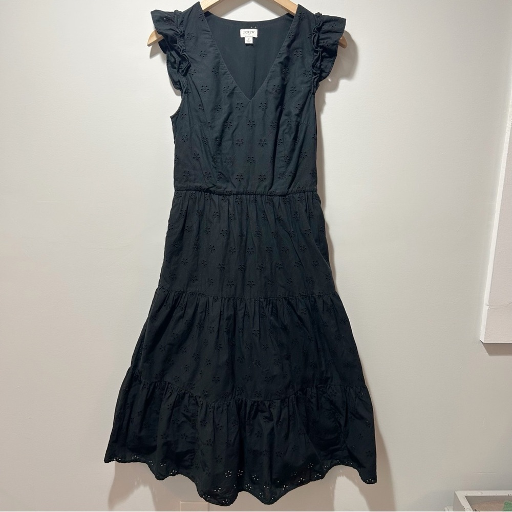 J. Crew Cotton Eyelet Midi Dress Size 2 Black Tiered Pockets Shoulder Ruffles - Picture 8 of 16